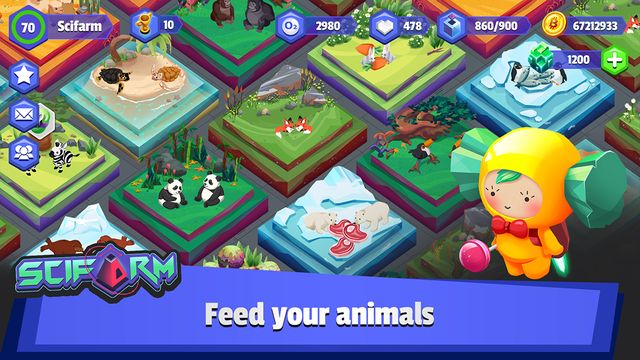 Scifarm gameplay: a grid of habitat tiles holding pandas, foxes, zebras, penguins and a seal, captioned Feed your animals