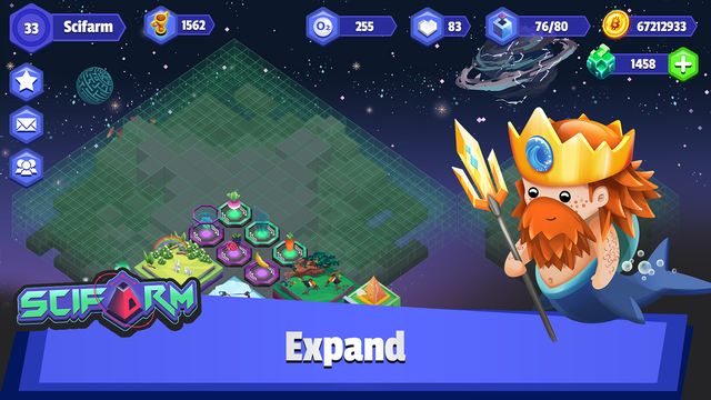 Scifarm gameplay: a small colony on the edge of a large empty build grid with a merman character, captioned Expand